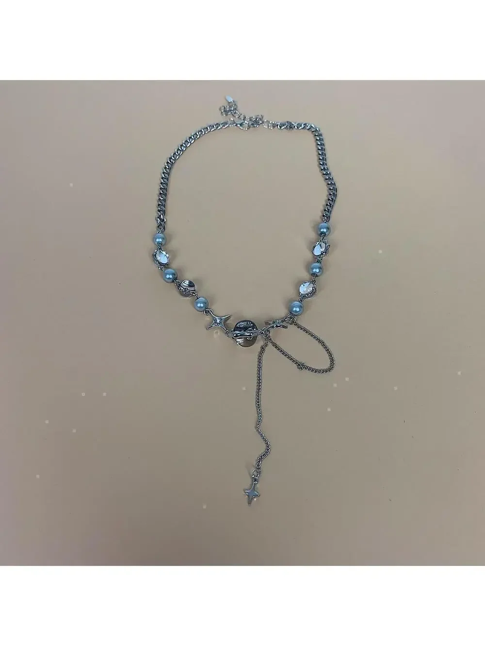 Cyber y2k grunge silver and beaded futuristic glass opal pendant necklace. Cuban